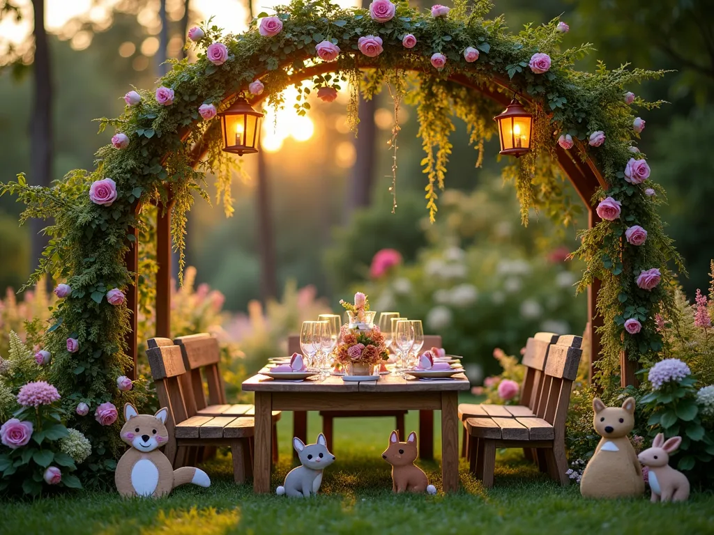 Enchanted Woodland Garden Baby Shower Setting - A whimsical garden setting at golden hour, featuring a charming vintage wooden arch decorated with wild roses and fairy lights. Beneath sits an elegant tea party setup with rustic wooden furniture, surrounded by lush ferns and hydrangeas. Adorable handcrafted woodland creature decorations - felt foxes, deer, and rabbits - are nestled among the greenery. A natural wood photo booth backdrop adorned with moss, wildflowers, and hanging lanterns creates a magical forest atmosphere. Soft evening light filters through mature trees, casting enchanting shadows across vintage-style name cards with hand-painted woodland animal motifs. Shot from a wide angle to capture the entire magical garden scene, with fairy lights twinkling in the background.