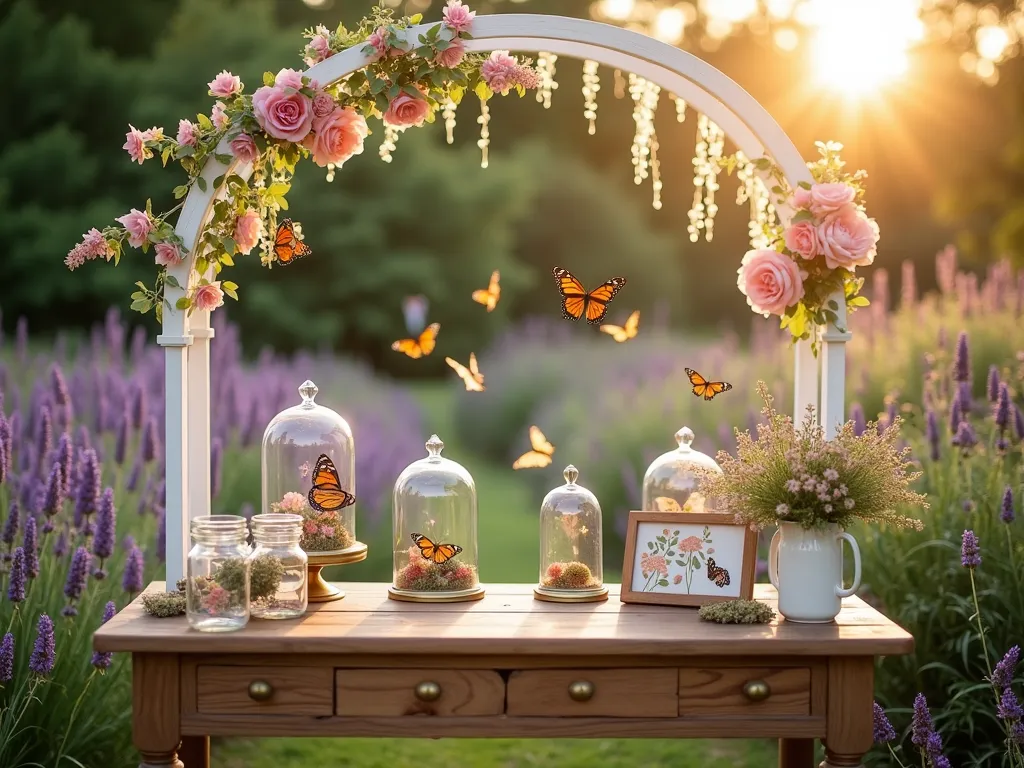 Enchanting Butterfly Release Garden Station - A magical garden scene at golden hour capturing a butterfly release station for a baby shower. A vintage wooden table adorned with delicate glass terrariums containing native Monarch butterflies, set against a dreamy backdrop of blooming lavender, purple coneflowers, and butterfly bush. Soft natural light filters through a white gossamer arch decorated with climbing roses and wisteria. Educational cards with beautiful botanical illustrations are displayed on antique brass stands. Shot with a medium-wide perspective to show the intimate garden setting, with subtle bokeh effect highlighting floating butterflies. The scene includes rustic wooden signs and mason jars filled with wildflowers, creating a whimsical, cottage garden atmosphere.