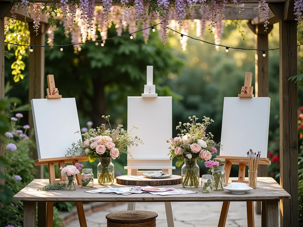 Artistic Garden Baby Shower Creative Station - Enchanting outdoor art station set up on a rustic wooden deck, dappled in late afternoon sunlight filtering through overhead pergola draped with wisteria. Three vintage white easels arranged in a semicircle, each holding canvas and surrounded by mason jars filled with paintbrushes. Natural styling table features pressed flowers, leaves, and botanical specimens for printing. Weathered wooden table displays delicate paper flower crafts, pressed flower bookmarks, and watercolor supplies. Soft pastel garden roses, lavender sprigs, and baby's breath arrangements accent the creative space. String lights weave overhead creating a magical atmosphere. Shot from a wide angle showing the entire creative setup against a backdrop of lush garden greenery.