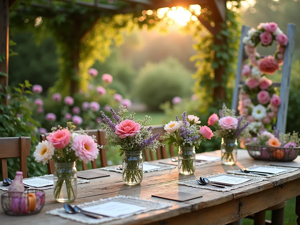 Garden Baby Shower Flower Crown Station - A dreamy late afternoon garden scene featuring a vintage wooden table set against a blooming cottage garden backdrop. The table, decorated with delicate lace runners, showcases an organized flower crown making station. Fresh garden roses, dahlias, lavender sprigs, and baby's breath are arranged in antique mason jars. Rustic wire baskets contain colorful ribbons and floral wire. Handwritten instruction cards rest on weathered wooden boards. Natural sunlight filters through a nearby pergola covered in climbing roses, creating a magical golden hour ambiance. Several completed flower crowns hang on a decorative ladder display, while comfortable garden chairs invite guests to sit and craft. Shot with shallow depth of field focusing on the crafting materials, with the lush garden softly blurred in the background.