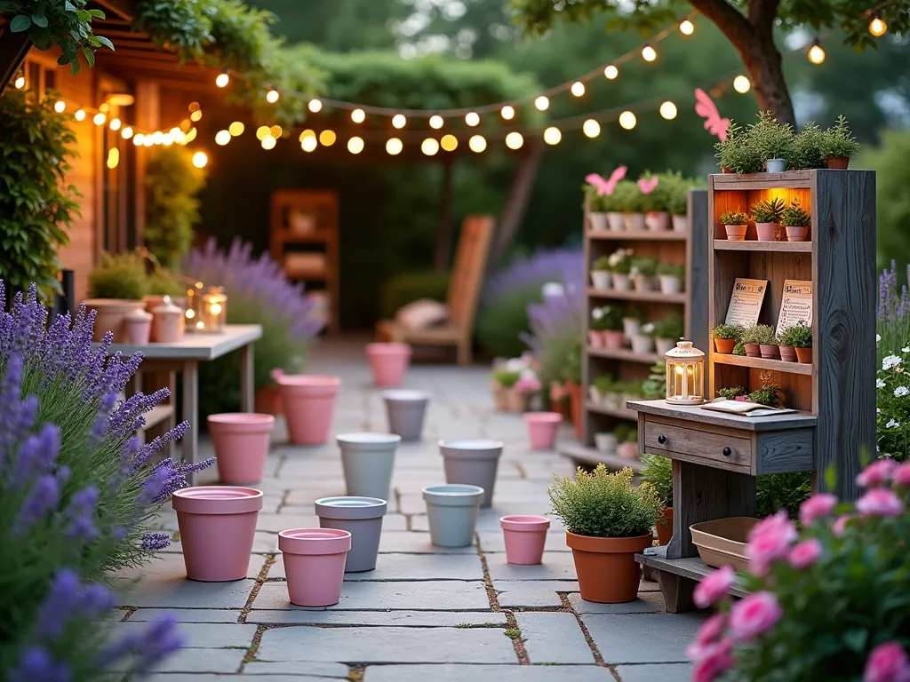 Whimsical Garden Baby Shower Games Station - A charming garden games station at dusk, set on a spacious stone patio surrounded by blooming lavender and roses. Oversized pastel-colored flower pots arranged for ring toss, illuminated by soft string lights and lanterns. A rustic wooden table displays botanical bingo cards and garden-themed scavenger hunt materials. Prize corner features a vintage plant stand showcasing delicate herb garden starter kits in terra cotta pots and baby succulents. Soft golden hour lighting casts warm shadows across the scene, while butterfly decorations and floral bunting add whimsical touches. Wide-angle perspective capturing the entire entertainment space with garden backdrop.