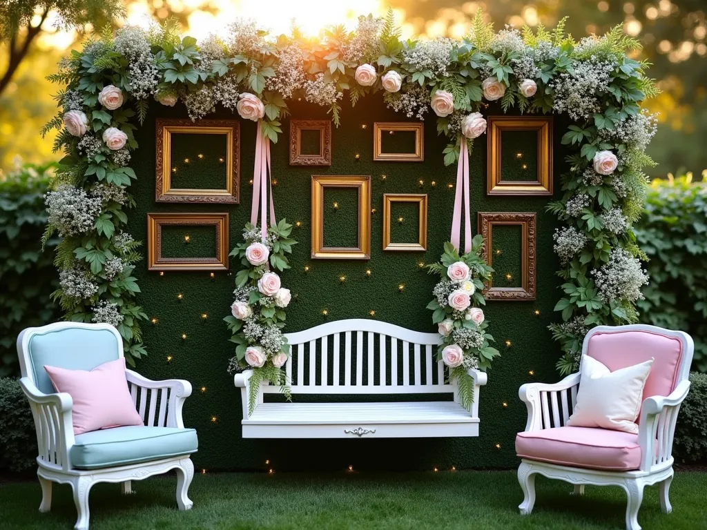 Garden Baby Shower Living Wall - A magical garden baby shower setting at golden hour featuring a lush 8-foot living wall backdrop covered in cascading ferns, delicate baby's breath, pink and white roses, and trailing ivy. An elegant white wooden swing adorned with silk ribbons and fresh flower garlands hangs centered against the wall. Soft fairy lights twinkle between the foliage, creating a dreamy atmosphere. Vintage-style gold picture frames of varying sizes are artistically arranged on the living wall, while white vintage furniture and pastel cushions create a cozy seating area. Wide-angle shot capturing the entire setup with natural sunset light filtering through, casting a warm glow on the scene.