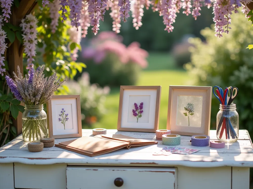 Garden Baby Shower Memory Book Station - A dreamy outdoor crafting station on a white-painted vintage wooden table situated under a blooming wisteria-covered pergola. The table features an elegant arrangement of pressed flower crafting supplies, including delicate pressed lavender, roses, and wildflowers in glass frames. Natural afternoon sunlight filters through the wisteria creating a magical dappled effect. The table displays a leather-bound memory book, pastel floral washi tapes, garden-themed stickers, and natural twine. Vintage mason jars hold decorative scissors and colorful pens. Close-up shot focusing on the artfully arranged crafting supplies with the garden backdrop softly blurred, showing glimpses of cottage-style flower beds with blooming peonies and garden roses in the background. Shot in a photojournalistic style with warm, natural lighting.