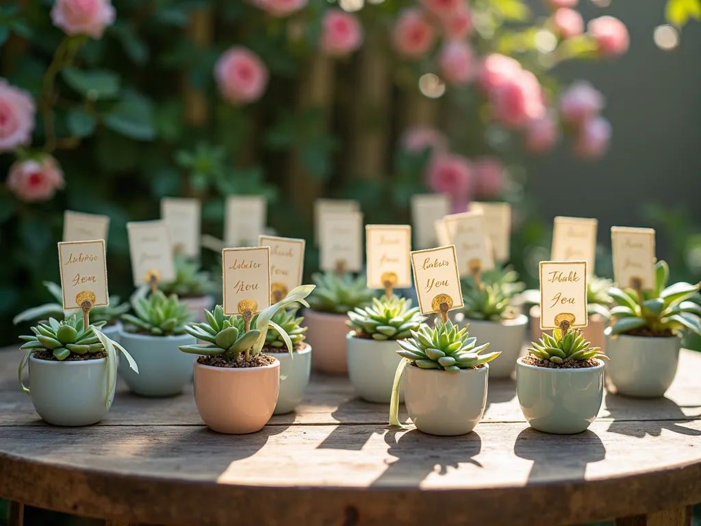 Elegant Garden Baby Shower Succulent Favors Display - A close-up DSLR photo of an enchanting garden display featuring miniature succulent party favors arranged on a vintage wooden table in a sunlit patio corner. Multiple small, decorative ceramic pots in soft pastel colors contain perfectly arranged succulents (Echeveria, Haworthia, and Sedum). Delicate cream-colored instruction cards with gold calligraphy are tied to each pot with silk sage-green ribbons. A golden 'Thank You' tag adorns each favor. The table setting is backdropped by a blooming garden wall with climbing roses and soft-focus string lights. Natural afternoon sunlight creates gentle shadows and highlights the succulents' varied textures. Shot with shallow depth of field focusing on the central arrangement while creating a dreamy garden atmosphere.