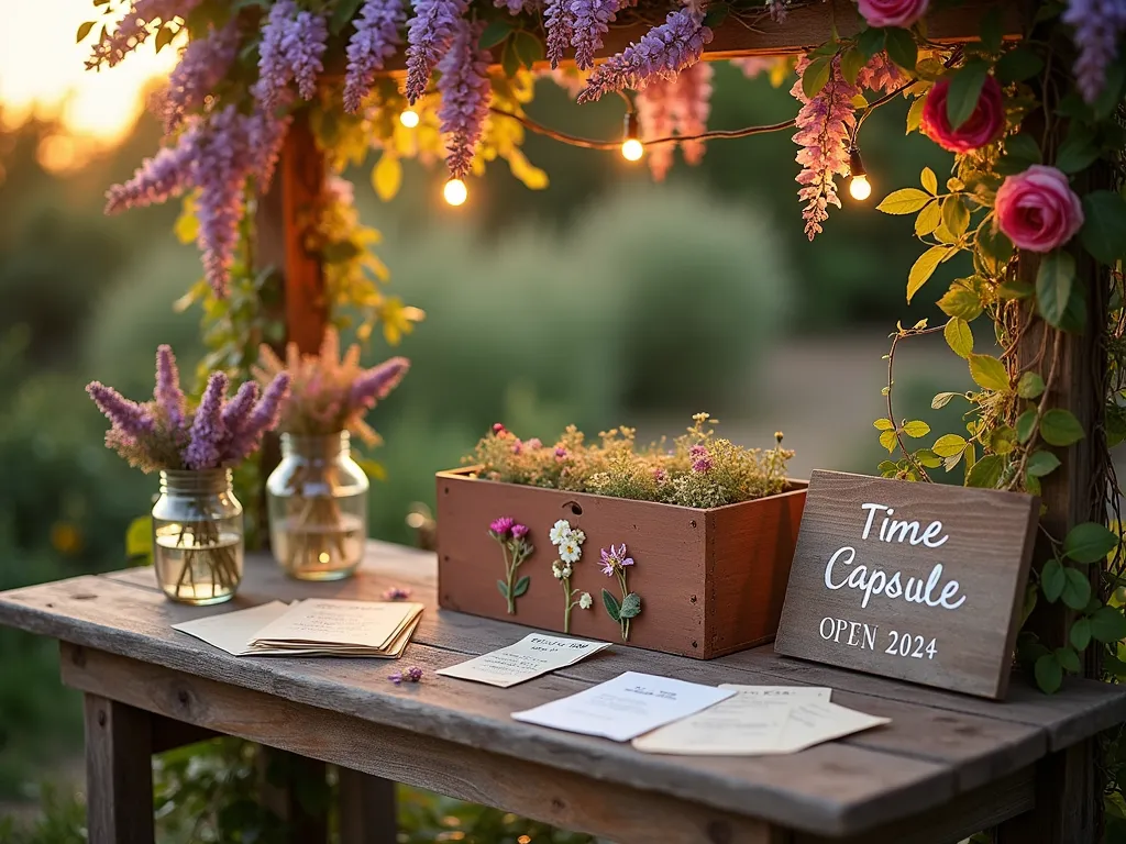 Garden Baby Shower Time Capsule Station - A rustic wooden table set in a blooming cottage garden at golden hour, styled as a time capsule station. The table features a vintage wooden box decorated with pressed wildflowers, surrounded by scattered seed packets, dried lavender sprigs, and handwritten notes on botanical paper. Crystal jars filled with preserved flowers catch the warm evening light, while climbing roses and wisteria create a natural arch overhead. A weathered wooden sign reading 'Time Capsule - Open 2024' leans against the table, with soft bokeh effects from string lights in the background. Shot with shallow depth of field focusing on the time capsule materials, captured from a 45-degree angle.