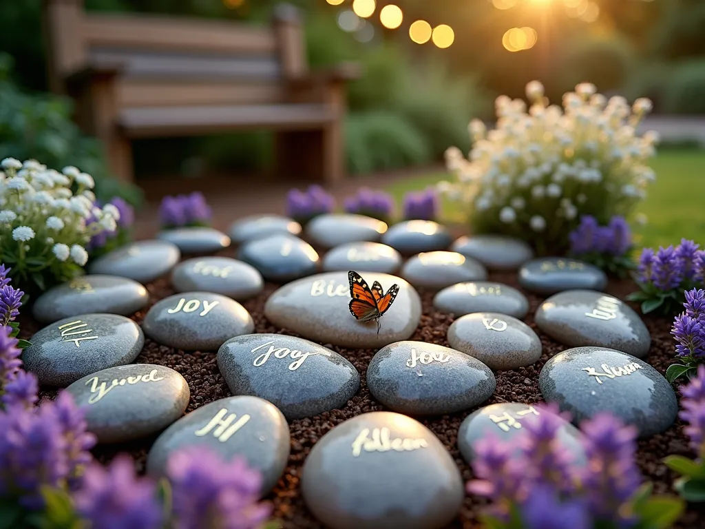 Sunset Garden Blessing Stone Display - A close-up shot of beautifully arranged river stones in a spiral pattern within a circular garden bed, each stone decorated with handwritten blessings in metallic paint. The stones are nestled among soft purple lavender and white baby's breath flowers, with golden hour sunlight casting warm shadows. In the background, a rustic wooden garden bench and string lights create a magical ambiance. Some stones feature visible messages like 'Love', 'Joy', and 'Blessed', while morning dew adds a subtle sparkle to the scene. A delicate butterfly rests on one of the stones, adding a touch of whimsy.