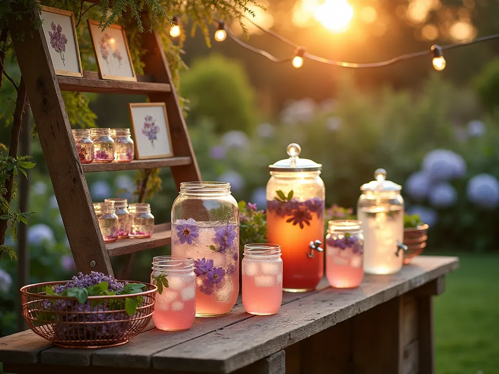 Elegant Garden Beverage Station at Sunset - A stunning rustic wooden beverage station set against a lush garden backdrop at golden hour. The station features mason jars filled with flower-infused drinks, crystalline ice cubes containing delicate edible flowers, and fresh herb garnishes. A vintage ladder shelf displays drinks at varying heights, adorned with hanging vintage botanical prints. Crystal dispensers contain pink lemonade and lilac-infused water, while copper wire baskets hold fresh sprigs of mint and lavender. Soft string lights intertwine overhead, creating a magical atmosphere as the setting sun casts a warm glow through the mason jars. Shot with shallow depth of field focusing on the intricate details of the floral ice cubes and garnishes, with a dreamy bokeh effect in the background showing garden roses and hydrangeas.