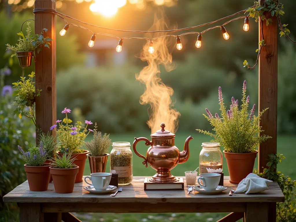 Garden Herbal Tea Bar at Sunset - A rustic wooden tea bar elegantly set up on a vintage potting bench in a lush garden setting at golden hour. Fresh potted herbs like lavender, mint, chamomile, and lemon balm line the back of the bench in terra cotta pots. A copper samovar takes center stage, with delicate glass jars filled with dried herbs flanking it. Handwritten botanical cards with herb descriptions rest in brass holders. Soft string lights drape overhead between wooden posts, creating a magical atmosphere. Natural linen sachets and kraft paper tea bags are artfully arranged for blending. Shot with shallow depth of field focusing on the steam rising from the samovar, with bokeh effects from the setting sun filtering through the garden foliage.