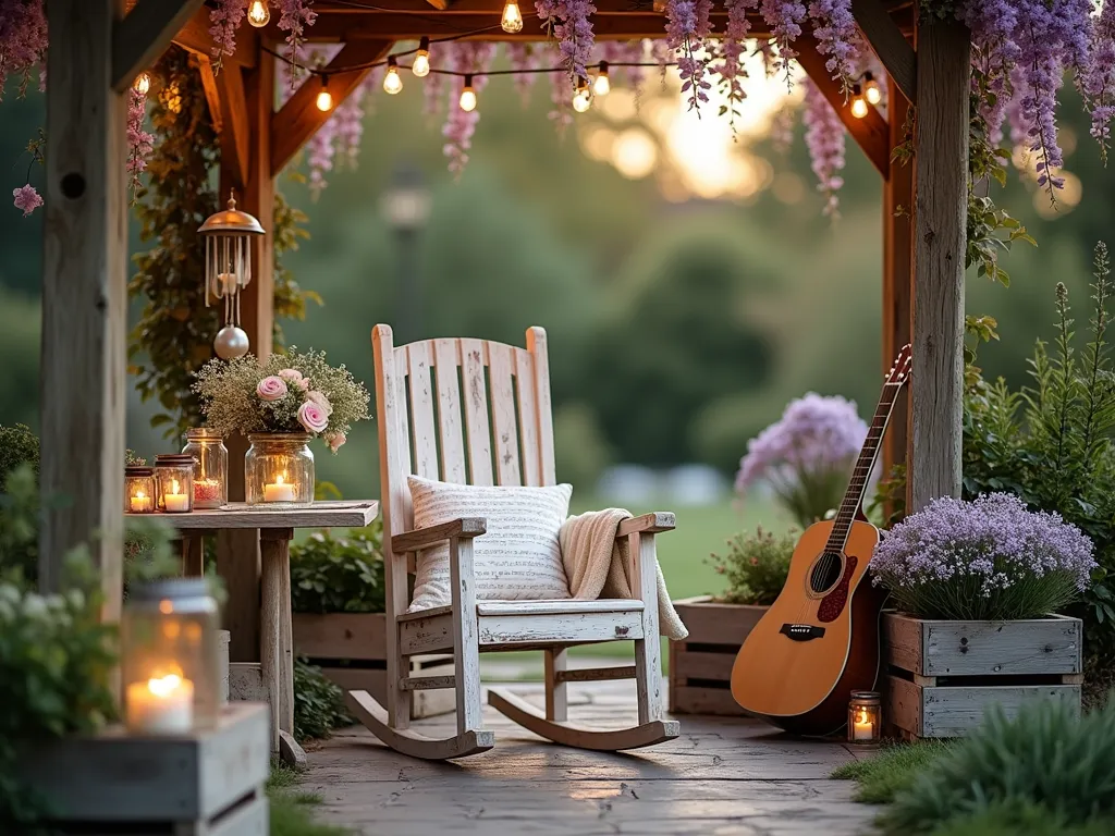 Enchanted Garden Lullaby Corner at Twilight - A dreamy garden nook at twilight, captured with a wide-angle lens showing a weathered white wooden rocking chair nestled under a blooming wisteria-covered pergola. Soft fairy lights twinkle overhead, while vintage lanterns cast a warm glow. A handcrafted wooden music stand holds sheet music, with a rustic guitar leaning nearby. Plush cream-colored throws and vintage floral cushions adorn the chair. Mason jars with wildflowers and baby's breath line weathered wooden crates, creating an intimate atmosphere. Silver wind chimes sway gently in the background, surrounded by climbing roses and lavender bushes. The scene is captured during the golden hour, with soft bokeh effects from the fairy lights creating a magical ambiance perfect for a garden baby shower.