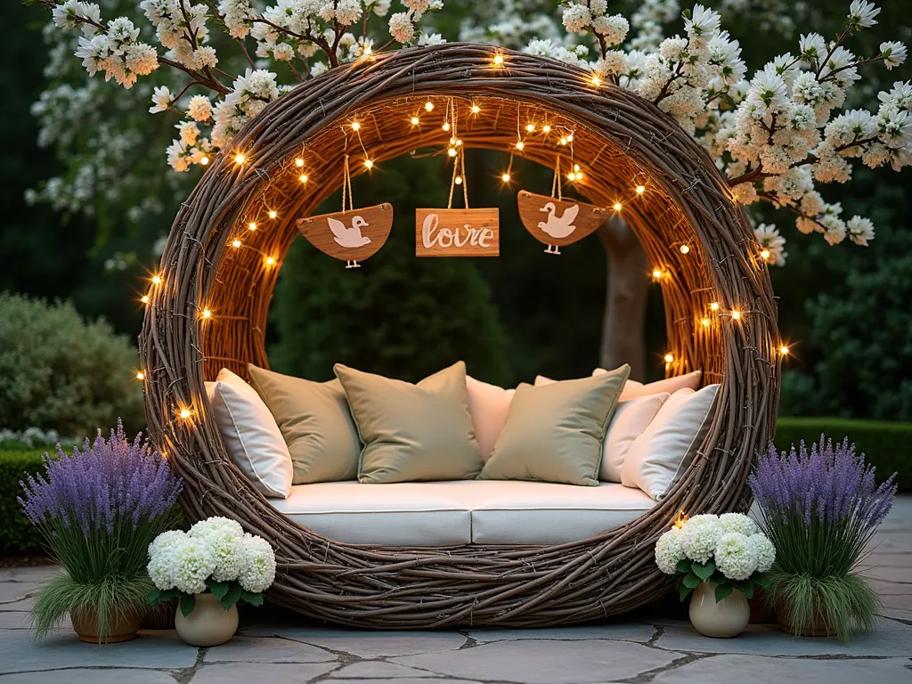 Enchanting Garden Nest Seating for Baby Shower - A dreamy twilight garden scene featuring an intimate circular seating arrangement designed like a giant bird's nest, set on a natural stone patio surrounded by flowering gardens. The nest-like structure is crafted from weathered woven willow branches forming a cozy perimeter, filled with plush cream and sage green cushions and soft textural throws. Delicate string lights weave through nearby flowering dogwood trees, casting a warm glow. Rustic wooden signs with hand-painted baby birds hang from branches, while potted lavender and white hydrangeas encircle the seating area. Natural grass arrangements and white garden roses add whimsical touches, photographed from a slightly elevated angle to capture the full circular design and garden surroundings.