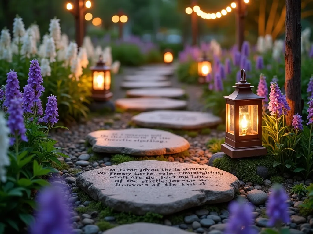 Illuminated Garden Quote Path at Twilight - A magical garden path at twilight, featuring handcrafted natural stone stepping stones engraved with quotes about growth and new beginnings. Each stone gently illuminated by warm copper solar lanterns and surrounded by blooming lavender and white moonflowers. The stepping stones wind through a lush garden, with delicate fairy lights strung overhead between vintage wooden posts. Soft purple and white garden phlox line the edges of the path, creating a dreamy atmosphere. The scene is captured from a low angle perspective, showing the glowing stones leading into the distance, with a gentle bokeh effect on the twinkling lights. The stones appear weathered and authentic, with moss growing naturally around their edges.