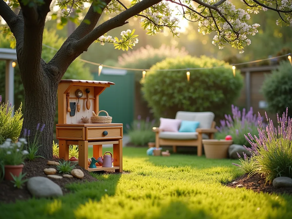 Natural Garden Play Area for Baby Shower - A charming late afternoon garden scene capturing a whimsical children's play area set within a lush backyard garden. Shot at f/2.8 with soft natural lighting and gentle bokeh effect. The space features a handcrafted wooden play station with child-sized gardening tools, surrounded by plush grass and scattered wooden toys. A cozy reading nook with natural fiber cushions sits beneath a flowering dogwood tree. Mini watering cans, soft fabric butterflies, and child-safe garden discovery stations are artfully arranged. Delicate string lights weave through the branches above, while lavender and chamomile border the play space, creating a dreamy, safe environment. Wide-angle perspective showcasing the entire magical setting with natural elements perfectly integrated for both safety and enchantment.