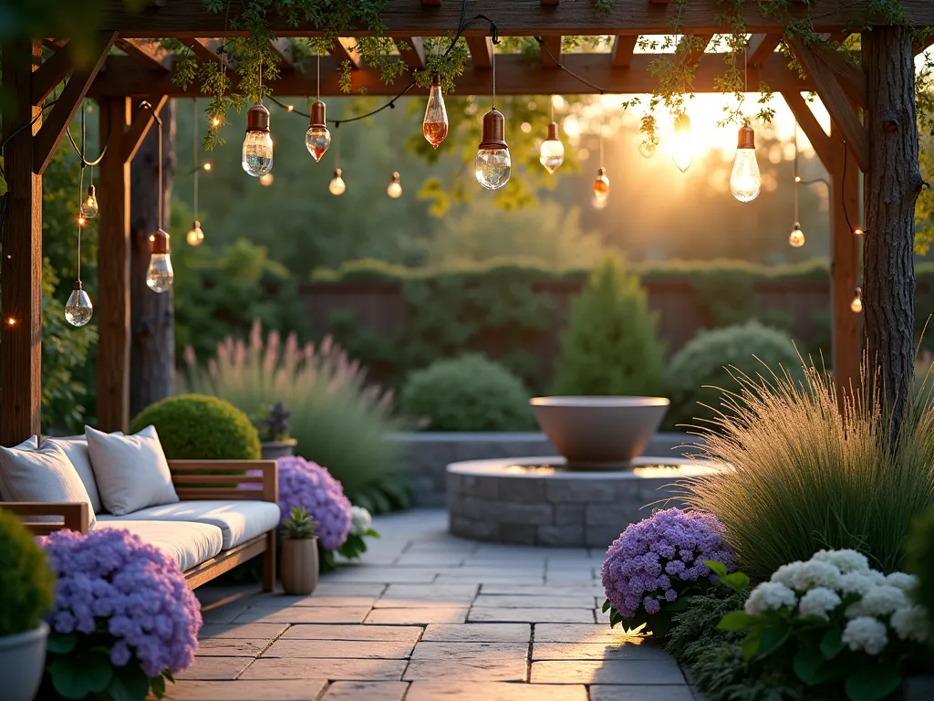 Twilight Garden Symphony - A serene garden scene at dusk, captured with a wide-angle lens showing a dreamy pergola-covered patio. Crystal wind chimes dance gently in the evening breeze, their delicate shapes catching the soft golden hour light. A modern stone water feature creates peaceful cascades, surrounded by blooming lavender and white hydrangeas. Japanese maple leaves flutter softly, while copper garden bells hang from weathered branches. String lights weave through the pergola beams, creating a magical ambiance. Plush outdoor seating with soft cushions faces the tranquil scene, perfect for a baby shower gathering. Natural bamboo wind chimes add an organic element, while ornamental grasses sway rhythmically in the background. Shot with shallow depth of field highlighting the ethereal atmosphere, with bokeh effects on the twinkling lights.