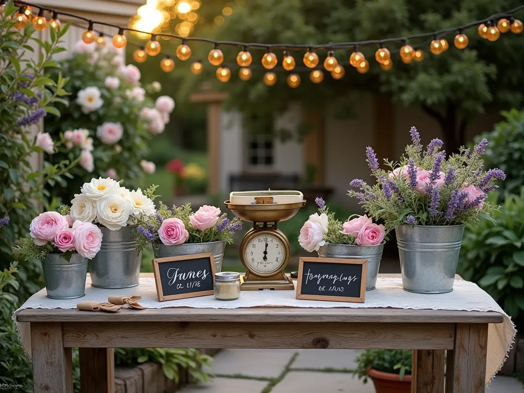 Vintage Flower Market Baby Shower Display - A dreamy twilight garden scene featuring a rustic wooden flower market display on a stone patio, shot with a wide-angle lens. Multiple galvanized metal buckets overflow with fresh pastel flowers including peonies, garden roses, and lavender. Vintage brass scales sit atop a weathered French farmhouse table draped with natural linen. Hand-lettered chalk signs display flower names and prices. Twinkle lights strung overhead create a magical atmosphere, while mason jars, kraft paper, and ribbon occupy a charming wrapping station. The background shows climbing roses on a garden trellis and potted hydrangeas, with soft bokeh effects. Photographed at golden hour with natural, warm lighting.