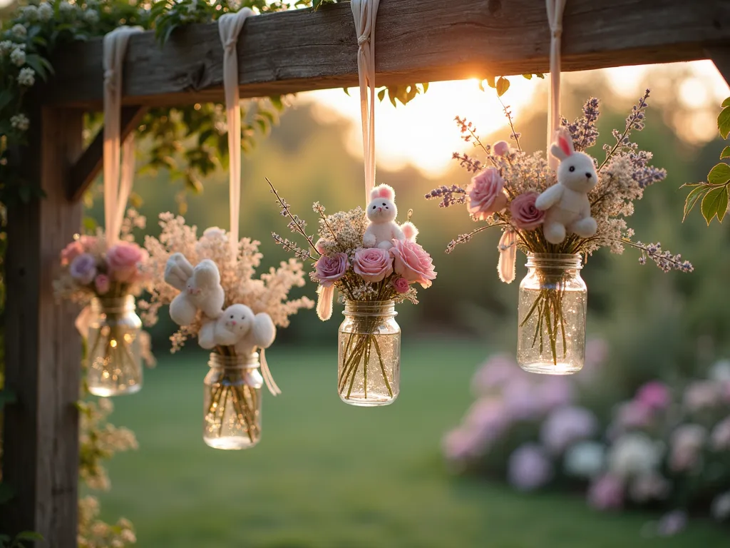 Whimsical Garden Baby Shower Hanging Display - A dreamy twilight garden scene featuring an enchanting array of vintage mason jars suspended at varying heights from a rustic wooden pergola, captured in soft golden hour lighting. The jars are filled with delicate pastel flowers including baby's breath, pink garden roses, and lavender sprigs, with sheer ivory and pale pink ribbons floating gracefully in the gentle breeze. Interspersed among the floral arrangements are small white baby onesies, tiny knitted booties, and soft plush rabbits, creating a magical hanging garden. Fairy lights twinkle between the displays, casting a warm glow on the scene. Shot from a medium-wide angle to showcase the depth and dimension of the hanging arrangement, with subtle bokeh effects in the background highlighting a lush garden setting. DSLR photograph with precise attention to detail and professional lighting.