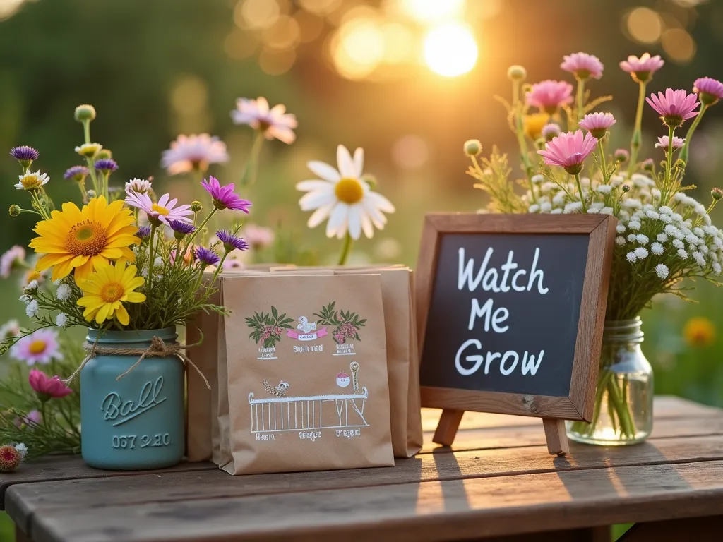 Enchanting Wildflower Seed Favor Display - Close-up shot of elegant vintage wooden table in a blooming garden setting at golden hour, featuring artfully arranged wildflower seed packet favors. Custom kraft paper packets decorated with botanical illustrations and pastel ribbons are nestled among fresh cut wildflowers in antique mason jars. A handwritten chalkboard sign reads 'Watch Me Grow' while soft sunset light filters through surrounding flowering trees. Crystal-clear DSLR capture with precise focus on packet details, showing delicate baby milestone timeline illustrations, with a dreamy bokeh effect of the garden background. Natural garden elements include blooming daisies, cornflowers, and cosmos creating a whimsical, cottage-garden atmosphere.