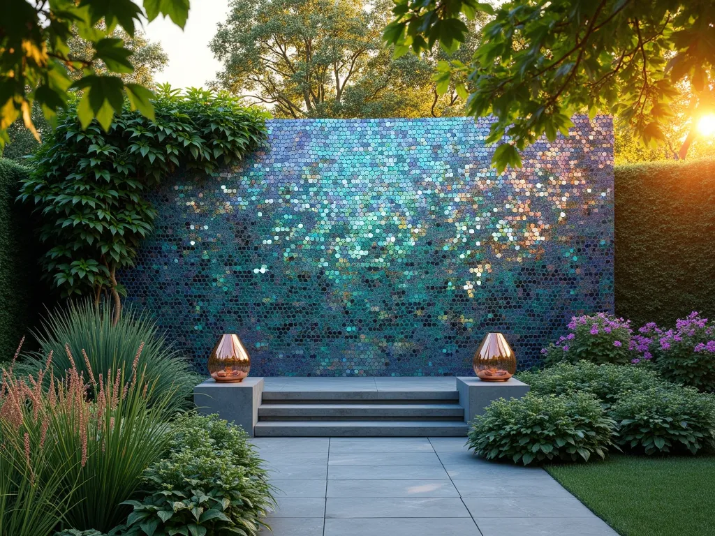 Enchanting Mosaic Garden Wall at Sunset - A mesmerizing garden backdrop featuring a large mosaic wall with an intricate pattern of jewel-toned tiles in blues, purples, and emerald greens, interspersed with metallic and mirror elements. The wall is photographed at golden hour, with the setting sun causing the metallic and mirrored pieces to sparkle dramatically. The foreground shows a well-manicured garden bed with ornamental grasses and flowering perennials. Japanese maple leaves frame the top of the image, while climbing jasmine gracefully winds up the edges of the mosaic wall. A modern stone path leads to a small seating area with copper lanterns, creating depth in the composition. The entire scene is captured in a wide-angle perspective, showing how the mosaic wall integrates perfectly with the surrounding landscape design. Photorealistic, high detail, architectural photography style.