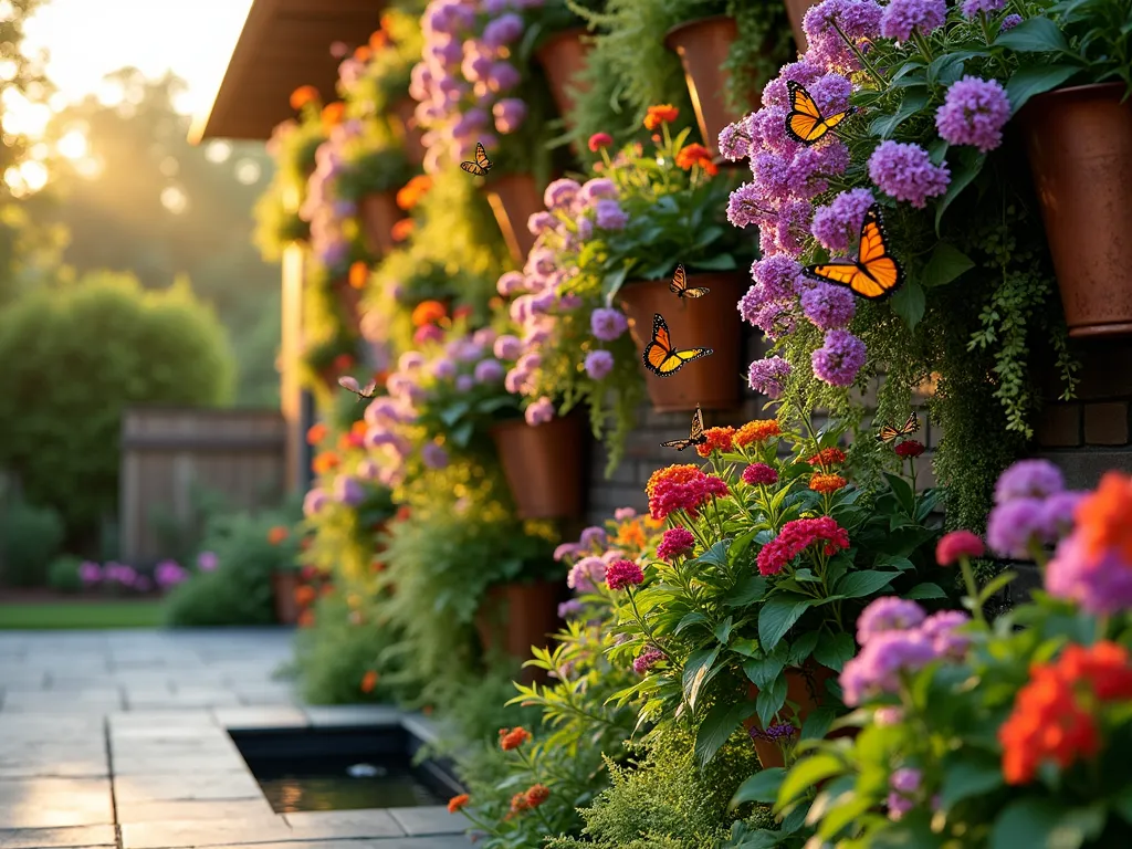 Enchanted Butterfly Living Wall Garden - A stunning close-up shot of a lush vertical garden wall at golden hour, featuring cascading purple butterfly bush, orange lantana, pink echinacea, and red cardinal flowers. Butterflies of various species, including Monarchs and Swallowtails, gracefully float among the blooms. The living wall structure incorporates multiple tiers of weathered copper planters, with delicate green ferns and trailing nasturtiums adding depth. Natural light filters through the foliage, creating a magical ambiance as several butterflies cast subtle shadows on the abundant flowers. The wall serves as a breathtaking backdrop to a modern stone patio, partially visible in the foreground, with a small water feature adding subtle movement to the scene. Photorealistic, professional garden photography, soft natural lighting, 85mm lens