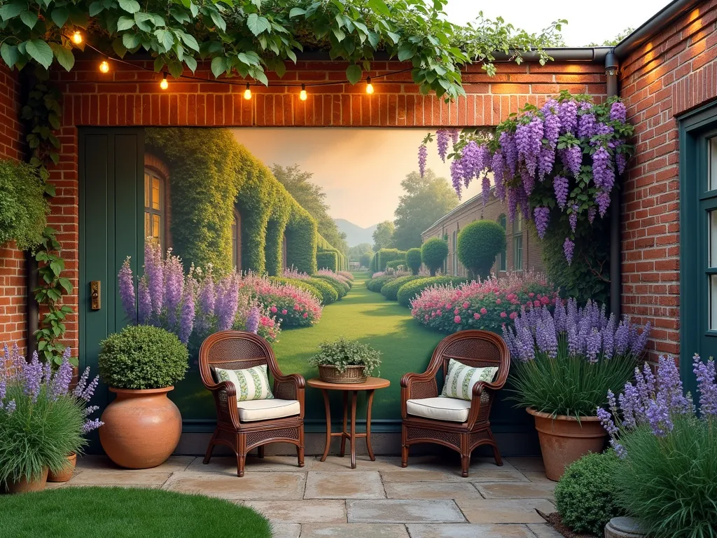 Enchanted Garden Mural Backdrop - A stunning garden scene at golden hour featuring a large hand-painted botanical mural on a weathered brick wall. The mural depicts a lush English cottage garden extending into the distance, creating a trompe l'oeil effect that seamlessly blends with real climbing roses and wisteria. Shot with a wide-angle lens at f/2.8, capturing both the intricate details of the artwork and the actual garden elements in the foreground. Soft evening light casts gentle shadows across the scene, while string lights twinkle above. Real lavender and foxgloves echo the painted flora, creating a magical fusion of art and nature. The perspective shows depth, with a cozy seating area featuring weathered terracotta pots and vintage garden furniture positioned to appreciate the mural.