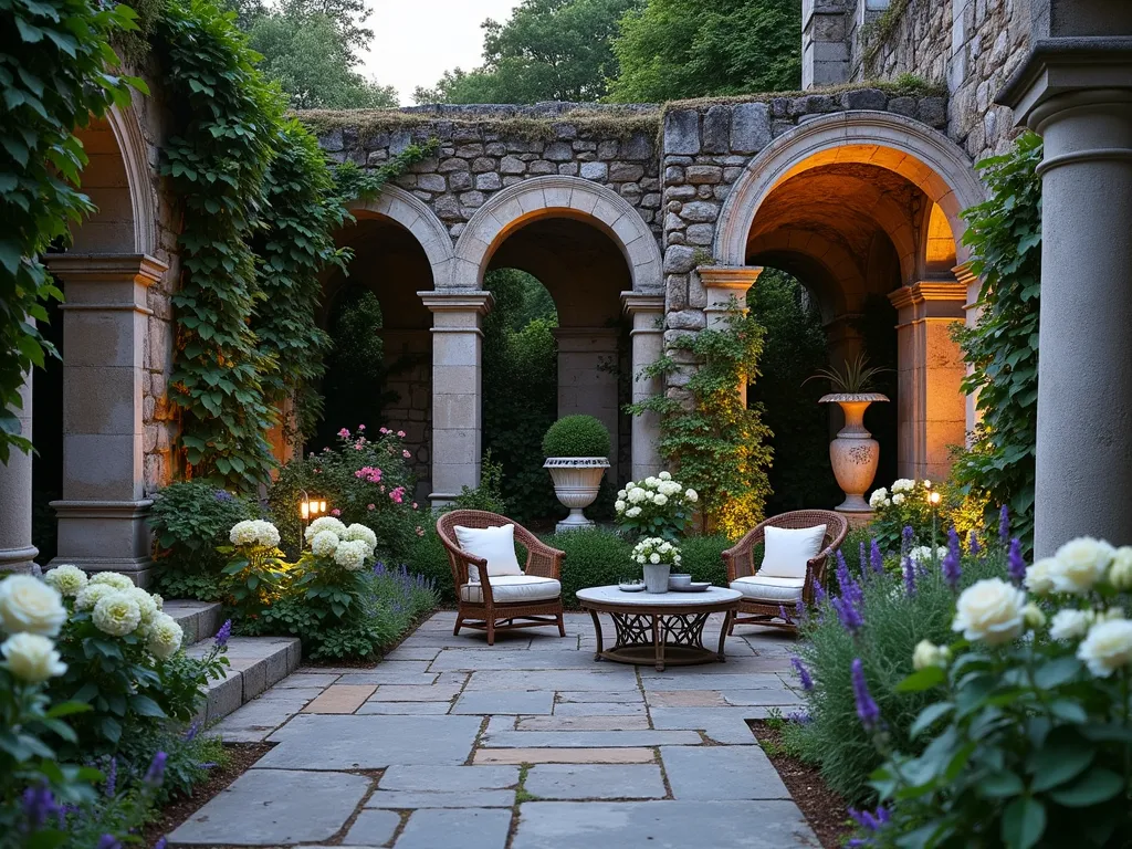 Enchanted Garden Ruins at Twilight - A romantic garden backdrop featuring weathered stone ruins at twilight, photographed with a wide-angle lens at f/2.8. Ancient-looking limestone archways and crumbling Grecian columns, partially covered in climbing hydrangea and English ivy, create a dramatic focal point. Soft evening light filters through the architectural elements, casting long shadows across a flagstone patio. Weathered stone fragments and aged urns scattered thoughtfully among beds of lavender and white roses add authenticity. Boston ivy cascades down distressed stone walls, while strategically placed uplighting creates a mystical atmosphere. Modern garden furniture subtly contrasts with the classical ruins, photographed with subtle depth of field to emphasize the architectural details.