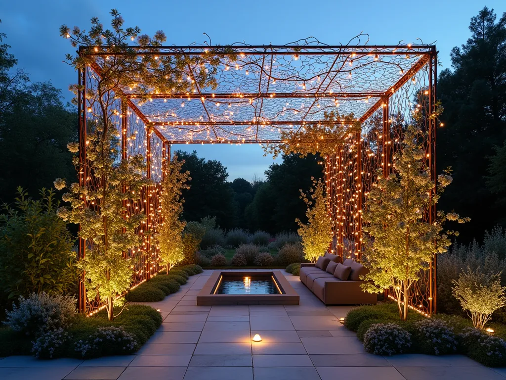 Modern LED Wire Garden Framework at Twilight - A stunning twilight garden scene featuring an architectural wire frame structure creating elegant geometric patterns against a dusky blue sky. The structure, standing 8 feet tall, is intricately woven with warm white LED string lights that create a mesmerizing glow. Delicate jasmine vines begin to climb the lower sections, their white flowers catching the light. The structure serves as a dramatic backdrop to a modern patio space, with the illuminated framework reflecting in a small decorative pool below. Shot from a three-quarter angle to capture both the depth and height of the installation, with subtle garden uplighting adding depth to the scene. Photorealistic, architectural photography style, with careful attention to light and shadow interplay.