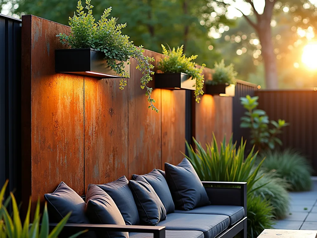 Modern Industrial Garden Wall with Wood and Steel - A stunning garden backdrop featuring a dramatic 8-foot weathered Corten steel panel wall interwoven with reclaimed cedar planks, photographed during golden hour. The industrial-modern wall spans 15 feet, with the warm sunlight highlighting the rich rust patina of the steel and the natural grain of the wooden elements. Mounted black metal planters showcase cascading ivy and native grasses. Modern LED strip lighting is subtly integrated between the materials, while a contemporary seating area with charcoal cushions sits in the foreground. Shot from a 45-degree angle to capture depth and texture, with soft bokeh effect on the surrounding garden. Professional architectural photography, f/8, captured with a wide-angle lens at golden hour, showcasing the interplay of light and shadow on the mixed materials.