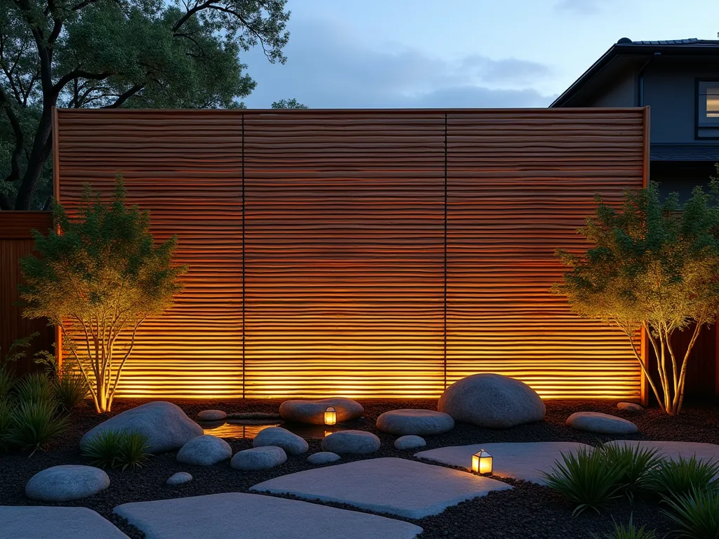 Illuminated Japanese Garden Screen - A sophisticated Japanese-inspired garden backdrop at dusk, featuring elegant horizontal cedar slats with precise spacing creating a rhythmic pattern. The screen wall, standing 7 feet tall, is softly illuminated by hidden LED uplighting casting dramatic linear shadows across a zen garden. The foreground showcases a peaceful arrangement of large smooth river rocks and carefully pruned Japanese maple trees. A small water feature adds tranquility, while bamboo plants gently sway beside the screen. Shot with a wide-angle lens capturing the entire composition, with the warm evening light creating a magical atmosphere against the modern architectural element. The photo is taken at f/8 with natural and artificial lighting perfectly balanced to highlight the texture and shadows of the wooden screen.