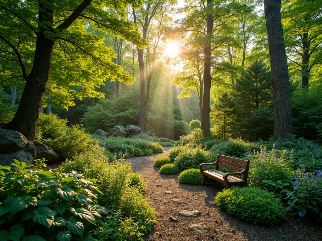 Layered Forest Edge Garden Sanctuary - A DSLR wide-angle photograph of a stunning backyard garden backdrop at golden hour, featuring a naturalistic layered forest edge design. Native deciduous trees create a tall canopy, while beneath them, flowering dogwoods and native serviceberry trees form a graceful middle layer. The understory showcases a tapestry of woodland shrubs including native viburnum and witch hazel. The forest floor gradient transitions from shade-loving ferns and hostas to drifts of spring bulbs including native bluebells and trillium. Natural stone boulders peek through the plantings, while dappled sunlight filters through the canopy creating magical light patterns. A rustic wooden bench offers a contemplative viewing spot. The composition captures depth through layered planting, with the focal distance set to highlight the intricate tapestry of foliage textures.