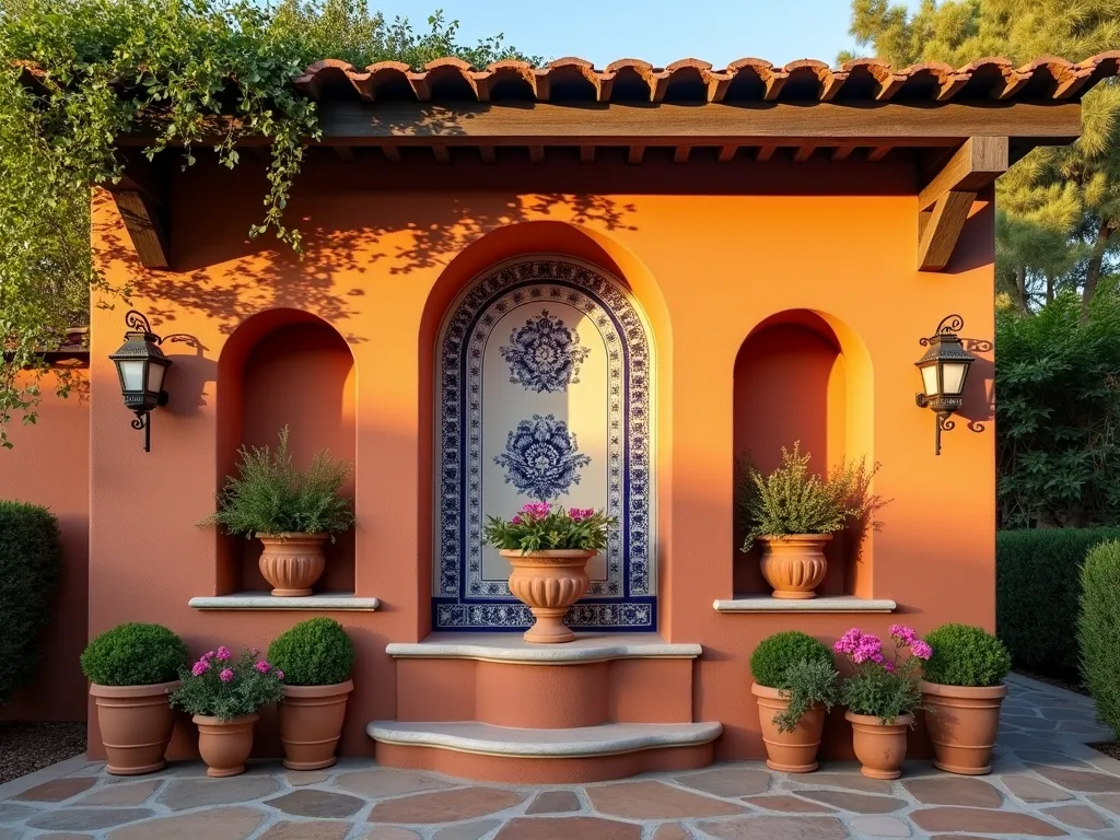 Mediterranean Terracotta Garden Wall at Sunset - A stunning wide-angle shot of a Mediterranean-style garden backdrop at golden hour, featuring a warm terracotta-colored textured wall with elegant built-in arched niches. The niches showcase terracotta pots filled with cascading bougainvillea and Mediterranean herbs. Hand-painted blue and white ceramic tiles accent the wall, while intricate wrought iron wall sconces cast dramatic shadows. A rustic wooden pergola partially frames the top of the scene, with climbing jasmine adding natural texture. The foreground includes a stone patio with weathered terracotta planters and a small fountain, captured with a 16-35mm lens at f/2.8, ISO 400, during sunset for warm, golden lighting that emphasizes the rich terracotta tones.