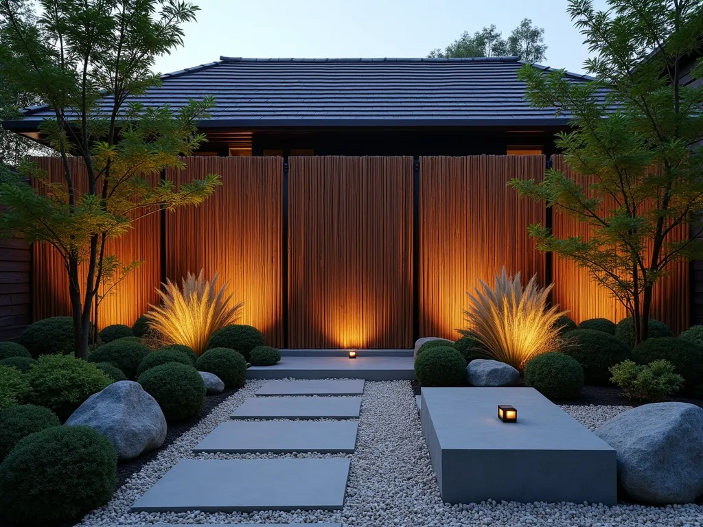 Modern Bamboo Privacy Screen at Dusk - A stunning contemporary garden scene at dusk featuring a sophisticated bamboo privacy screen wall, beautifully lit by subtle landscape lighting. The 8-foot-tall chocolate-colored bamboo panels are arranged in a modern geometric pattern, creating an elegant Asian-inspired backdrop against a minimalist zen garden. The bamboo screen casts intricate shadows on light gravel below, while architectural plants like Japanese maples and ornamental grasses add texture. Shot from a wide angle to showcase the entire installation, with the warm evening light highlighting the natural variations in the bamboo's texture. Professional DSLR photo with pristine clarity and depth, f/8, ISO 100, capturing the sophisticated interplay of light and shadow. 8K resolution, photorealistic.