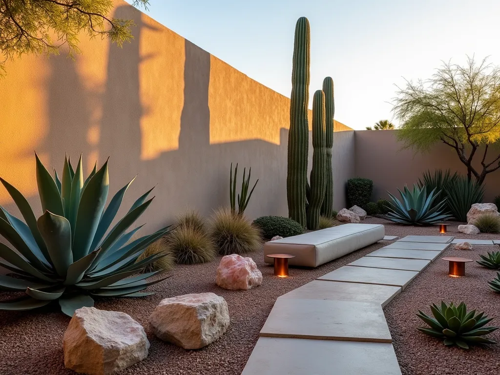 Modern Desert Garden Backdrop at Sunset - A stunning wide-angle view of a modern backyard desert garden featuring a dramatic textured sand-colored stucco wall backdrop illuminated by warm sunset light. Majestic blue agave and tall saguaro cacti cast dramatic shadows against the wall. Various sized barrel cacti and golden barrel cacti create mid-ground interest. Natural desert boulders and rose quartz specimens are artfully arranged among crushed desert gravel. A modern concrete seating area in the foreground offers perspective, while copper-toned garden lights provide ambient illumination. The scene is photographed during golden hour, with the sun's rays creating a ethereal glow through the sculptural desert plants, hyperrealistic, architectural photography style.