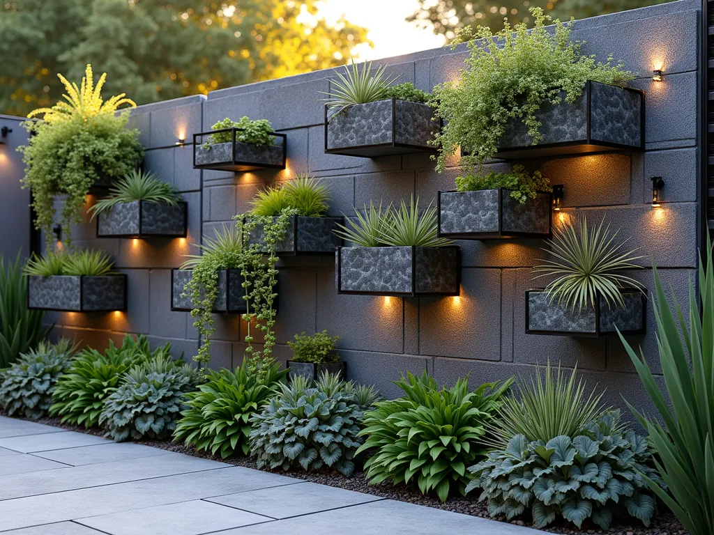 Modern Gabion Wall with Cascading Succulents - A stunning DSLR wide-angle shot of a contemporary gabion wall garden backdrop at golden hour. The wall features geometric metal cages filled with locally sourced granite and limestone rocks in varying grey tones. Integrated steel planting pockets between wall sections showcase a vibrant array of cascading succulents and trailing plants, including Sedum morganianum, Senecio rowleyanus, and Echeveria elegans. Soft evening light filters through the foliage, creating dramatic shadows on the industrial structure. The wall is perfectly composed against a modern patio space, with ambient lighting beginning to glow in the background. Shot at f/8 with natural lighting highlighting the textural contrast between the rough stone and soft plant elements.