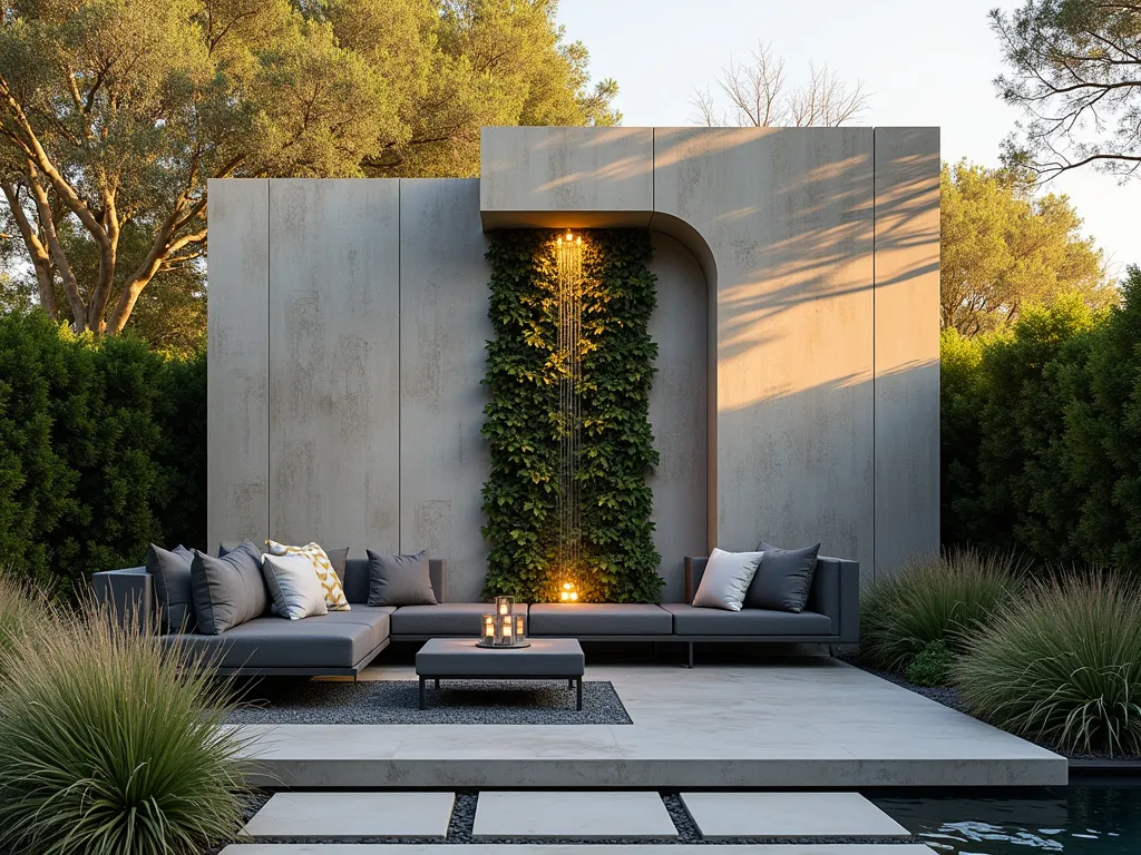 Modern Geometric Concrete Garden Wall - A stunning wide-angle shot of a contemporary garden backdrop featuring sleek concrete panels with geometric patterns, captured during golden hour. The 12-foot tall panels showcase vertical grooves filled with cascading silver falls dichondra and Boston ivy. A minimalist water feature trickles down one panel, creating mesmerizing reflections in the warm evening light. The concrete's textured surface casts intricate shadows, while integrated LED lighting highlights the geometric reliefs. A modern seating area with charcoal grey outdoor furniture sits in the foreground, surrounded by architectural grasses and sculptural succulents. Shot with DSLR camera, f/8, ISO 100, 1/125s, capturing the interplay of light and shadow on the sophisticated concrete surface.