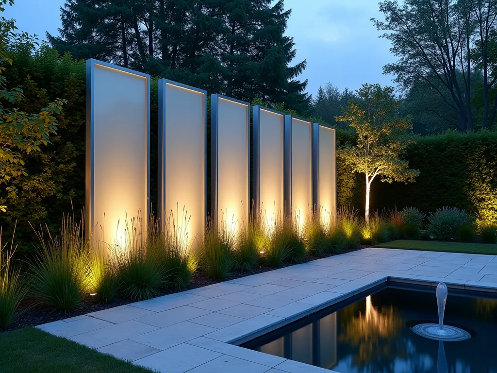 Illuminated Glass Panel Garden Screen at Dusk - A stunning modern garden scene at dusk featuring a series of tall frosted glass panels in sleek stainless steel frames, creating an elegant backdrop against lush greenery. The panels are beautifully illuminated by integrated LED lighting that transitions from cool blue to warm amber, casting dramatic shadows on a contemporary stone patio. Japanese maple and ornamental grasses soften the geometric lines, while a modern water feature reflects the ethereal glow. Shot with shallow depth of field at f/2.8, capturing the interplay of light and shadow across the textured glass surface. Wide-angle perspective showcasing the entire installation within its garden context.