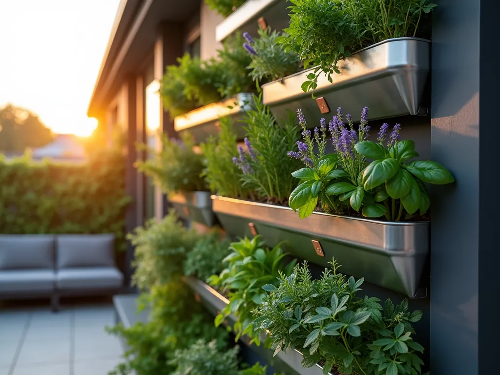 Modern Vertical Herb Garden Wall at Sunset - A stunning close-up shot of a contemporary vertical herb garden wall at sunset, mounted on a sleek dark gray wall. Multiple tiers of brushed stainless steel planters cascade down, filled with lush Mediterranean herbs including rosemary, thyme, sage, and basil. The herbs create a tapestry of different textures and shades of green, with some purple flowering herbs adding visual interest. Soft golden evening light filters through the herbs, creating dramatic shadows and highlighting the aromatic foliage. Small copper plant markers identify each herb variety, while a subtle integrated irrigation system ensures proper watering. The bottom of the frame shows a modern patio setting with minimalist furniture, suggesting the wall's integration into a larger outdoor living space. The composition emphasizes the vertical nature of the garden while capturing the practical beauty of this living wall.