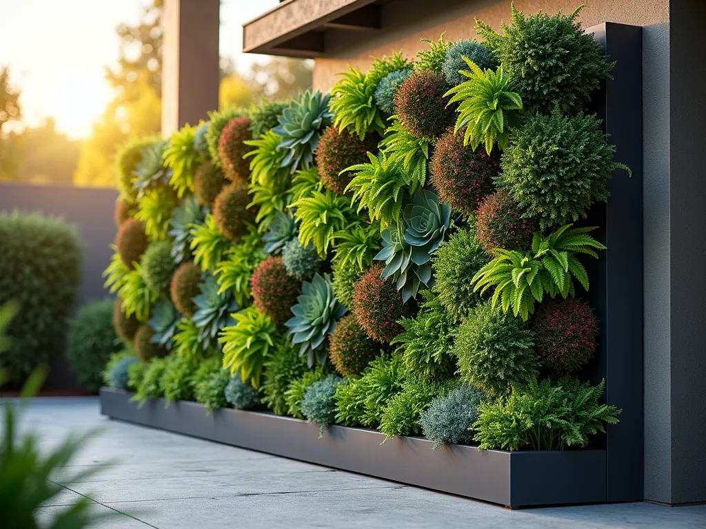 Modern Vertical Living Wall Garden - A stunning vertical living wall garden in a modern backyard setting, shot during golden hour. The wall features a mesmerizing geometric pattern of lush ferns, colorful succulents, and delicate flowering plants cascading down a 10-foot architectural frame. Subtle ambient lighting illuminates the textured layers of greenery, while a sleek, discrete irrigation system provides gentle moisture. The composition is captured from a slight side angle to emphasize depth and dimension, with soft bokeh effect in the background. Professional DSLR photography with natural lighting, f/8 aperture, showing the intricate details of the plant varieties and their harmonious arrangement. The living wall creates a dramatic focal point against a contemporary patio space.