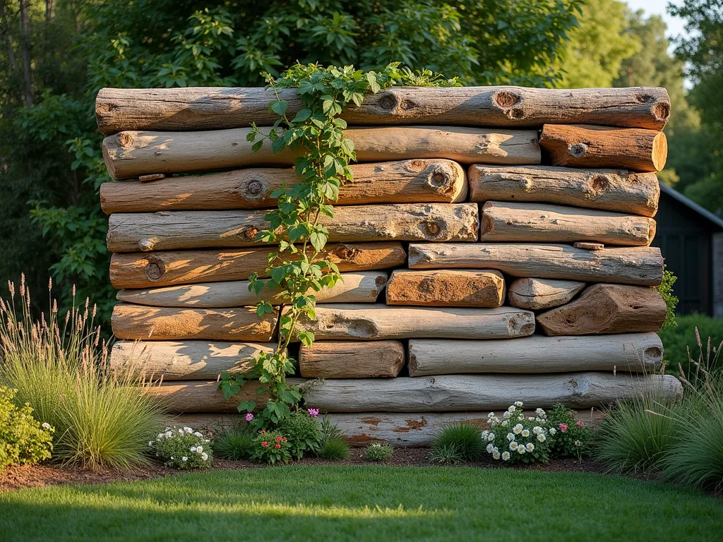 Rustic Log Wall Garden Backdrop - A stunning garden backdrop made of horizontally stacked natural logs of varying sizes and textures, photographed during golden hour. The wall spans 8 feet high, creating a dramatic focal point in a lush garden setting. Weathered logs show rich browns and grays, with moss patches adding character. Small gaps between logs house native bee homes and butterfly shelters. Native climbing vines like Virginia Creeper delicately weave through spaces. A wide-angle shot captures the full expanse of the natural wood wall, while soft evening light casts gentle shadows, highlighting the organic textures. The foreground features ornamental grasses and native wildflowers swaying in the breeze. Shot with DSLR camera, wide-angle lens, f/8, ISO 100, 1/125 sec, capturing the wall's rustic beauty and its role as a living ecosystem.