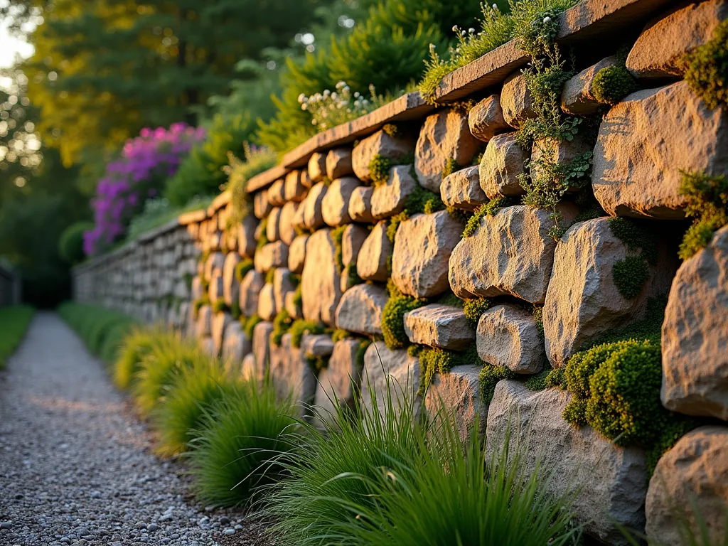 Ancient Stone Wall Garden Backdrop - A dramatic golden hour photograph of a weathered, dry-stacked stone wall in a backyard garden setting, captured with a wide-angle lens. The 6-foot-tall rustic wall features locally sourced limestone and granite stones in varying earth tones, with moss-covered edges and deep textural shadows. Small carved-out pockets showcase cascading Aubrieta, Alpine Rock Cress, and delicate Campanula growing from between the stones. The wall extends into the distance, creating leading lines, while climbing ivy partially covers sections, suggesting age and permanence. Natural lighting casts long shadows across the textured surface, highlighting the intricate stonework patterns. The foreground features a gravel path with ornamental grasses, while the background shows mature trees creating a layered garden effect. Shot at f/8 for optimal depth of field, capturing every detail of the stone's natural patina and plant textures.