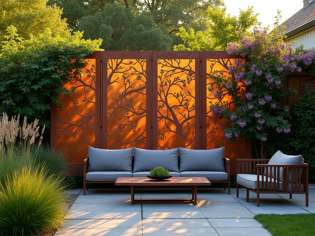 Modern Metal Garden Screen at Sunset - A stunning contemporary garden scene at golden hour featuring a large weathered Corten steel decorative screen with intricate geometric laser-cut patterns. The 8-foot-tall screen casts dramatic shadow patterns across a natural stone patio, while climbing jasmine and wisteria gracefully wind up its edges. Soft evening light filters through the metalwork creating a mesmerizing interplay of light and shadow. The screen is positioned against a backdrop of ornamental grasses and Japanese maples, with modern outdoor furniture artfully arranged to create an intimate seating area. Shot from a three-quarter angle to showcase both the screen's pattern detail and its integration into the garden landscape.