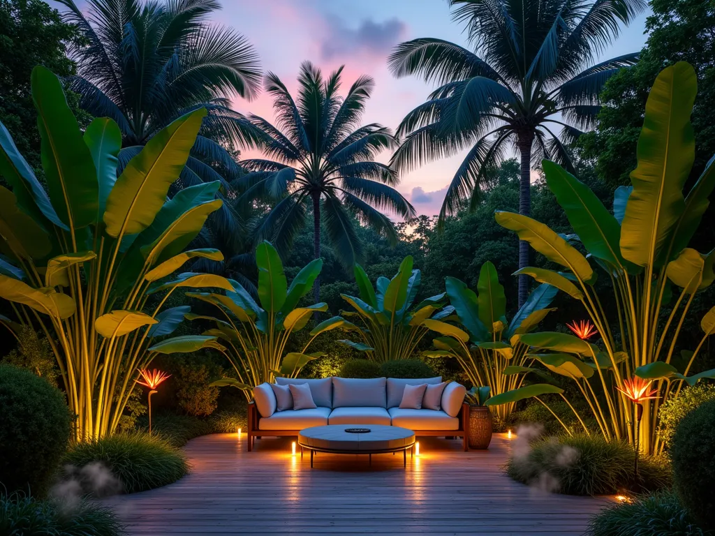 Luxuriant Tropical Garden Screen at Dusk - A mesmerizing wide-angle shot of a lush tropical garden backdrop at dusk, featuring towering banana trees with dramatic backlit leaves, vibrant orange bird of paradise flowers, and massive elephant ear plants creating layers of emerald green textures. Soft garden lights illuminate the foliage from below, casting ethereal shadows on a contemporary wooden deck. The varying heights of plants create a natural privacy screen effect, with the largest leaves silhouetted against a warm purple-orange sunset sky. Mist gently rises between the plants, adding depth and mystery to the scene. The foreground shows comfortable modern outdoor furniture, suggesting an intimate seating area embraced by this tropical paradise.