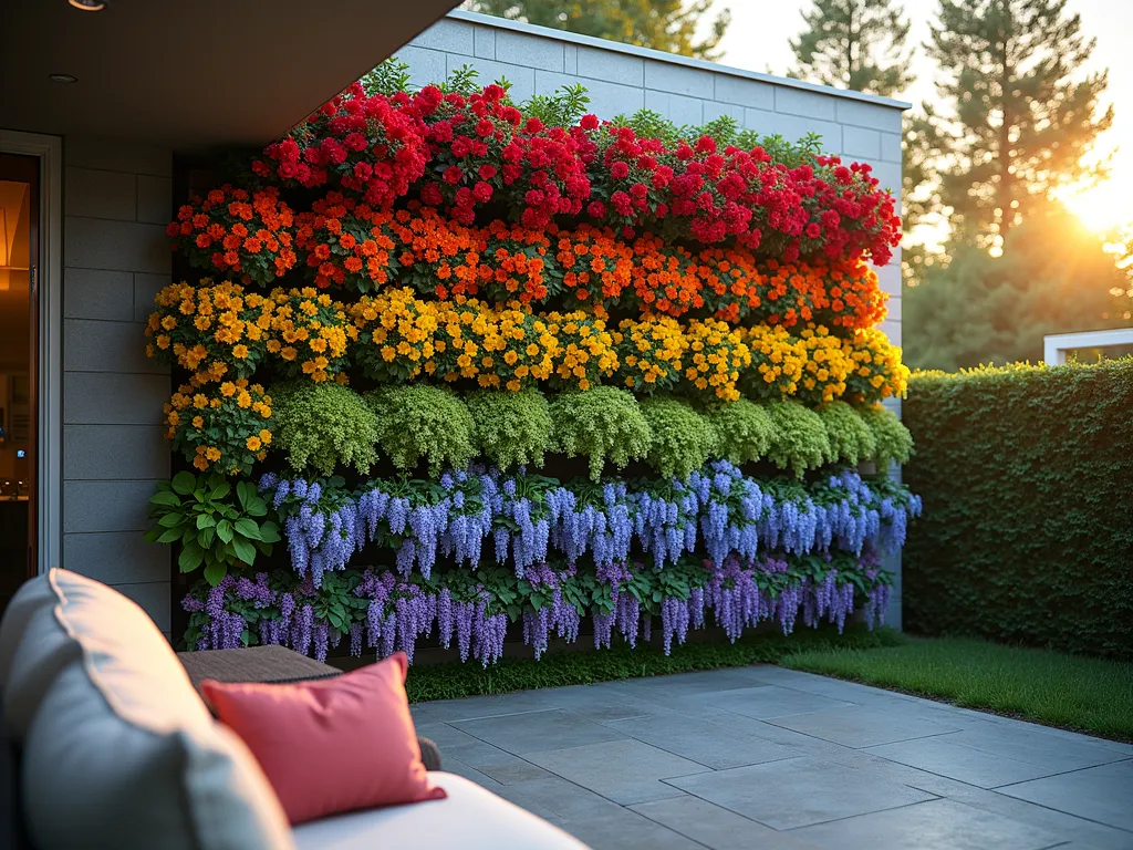 Vertical Rainbow Garden Wall at Sunset - A stunning vertical garden wall photographed during golden hour, featuring cascading tiers of flowers arranged in a mesmerizing rainbow pattern. The wall showcases vibrant red salvias and geraniums at the top, transitioning to orange marigolds, yellow daffodils, green trailing ivy, blue delphiniums, and purple wisteria at the bottom. The modern tiered planting system is mounted on a contemporary gray stone wall, with soft sunset lighting casting warm shadows across the colorful display. A cozy patio seating area is partially visible in the foreground, emphasizing the wall's role as a breathtaking backdrop. The flowers are in full bloom, creating a living tapestry of colors, with some blooms gently swaying in the evening breeze.