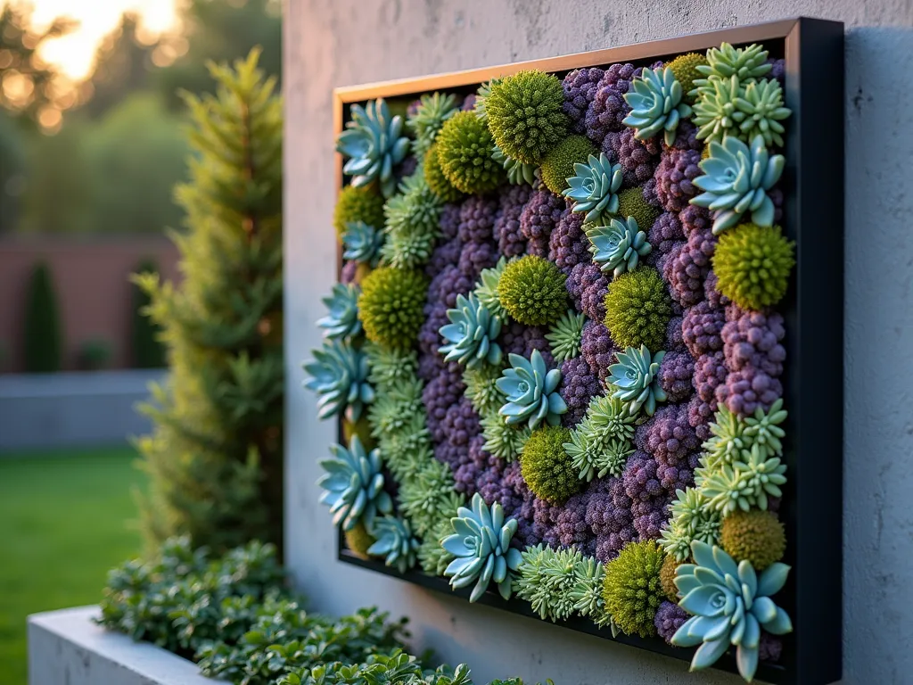 Vertical Succulent Living Art Wall - A stunning close-up shot of a meticulously crafted vertical succulent garden wall at golden hour, featuring a mesmerizing geometric pattern created with various succulent species. The living artwork showcases Echeveria rosettes in soft blue-green hues, deep purple Aeoniums, trailing String of Pearls, and copper-toned Sedum, all arranged in an elegant spiral pattern against a sleek black frame. Soft evening light casts gentle shadows across the textured surface, highlighting the dimensional nature of the design. The frame is mounted on a modern concrete garden wall, with subtle outdoor lighting preparing to illuminate the piece as dusk approaches.