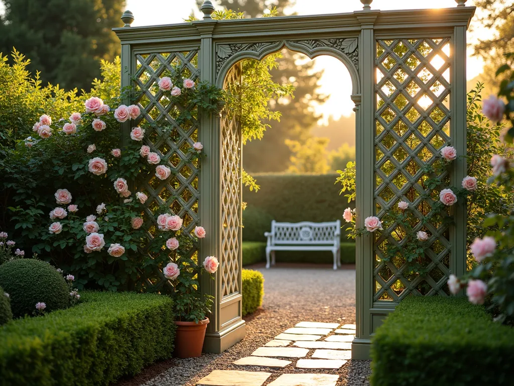 Victorian Heritage Treillage Garden - A luxurious garden scene at golden hour featuring an ornate Victorian-style wooden treillage painted in sage green and cream. The elaborate lattice design rises 8 feet tall against a garden wall, with intricate diamond patterns and decorative finials. Climbing antique roses in soft pink and white cascade elegantly across the structure, while perfectly manicured boxwood hedges line the base. A gravel path leads to a small sitting area with a wrought iron bench. The warm evening light casts intricate shadows through the trellis onto the natural stone patio, creating a romantic atmosphere. Shot with a wide-angle lens to capture the grandeur of the complete installation, with the sun's rays filtering through the roses. Professional DSLR photography with perfect depth of field highlighting both architectural details and botanical elements.