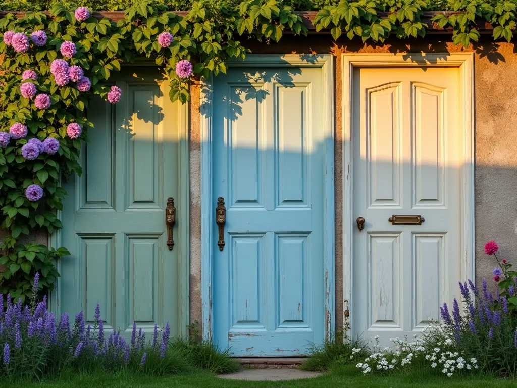 Vintage Door Garden Display at Sunset - A stunning garden backdrop featuring three weathered vintage doors arranged artistically against a garden wall, photographed during golden hour. The doors are painted in muted sage green, duck egg blue, and antique white, creating a shabby chic aesthetic. The leftmost door frames a thriving clematis vine with purple blooms, while the middle door supports a climbing rose in soft pink. Rustic brass hardware and crystal doorknobs add sparkle in the warm evening light. The scene is anchored by lavender plants and white cosmos flowers at the base. Shot with a wide-angle lens capturing the entire composition while maintaining intimate detail, with natural sunset lighting casting long shadows and creating a dreamy atmosphere. Professional DSLR photo at f/8, ISO 100, 1/125 sec.