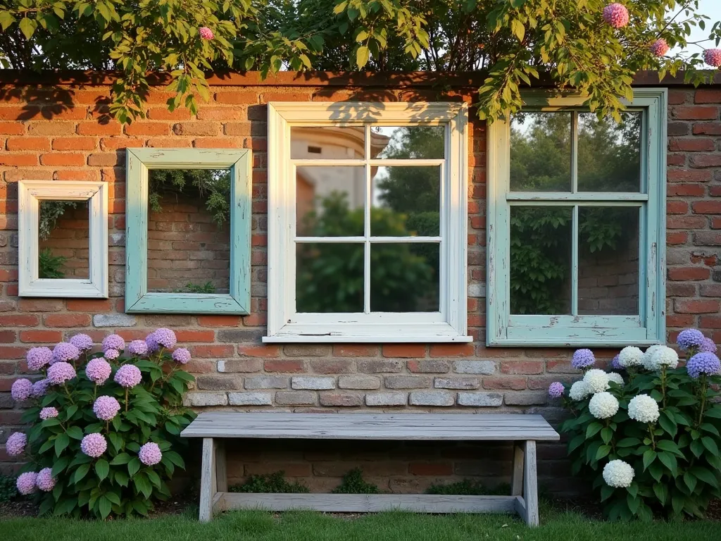 Vintage Window Frame Garden Gallery - A stunning garden vignette featuring an artistically arranged collection of vintage window frames mounted on a weathered brick wall, photographed during golden hour. The frames, painted in distressed sage green, cream, and powder blue, create a captivating focal point. Some frames contain antiqued mirrors reflecting the garden's beauty, while others frame climbing pink roses and purple clematis growing behind them. Soft evening light filters through the empty frames, casting intricate shadows on the wall. A rustic wooden bench sits below, surrounded by lavender and white hydrangeas. The composition is captured with a wide-angle lens, showing the full installation while maintaining intimate details of the weathered frames and blooming flowers. Professional DSLR photography with natural lighting emphasizes the vintage charm and garden integration.