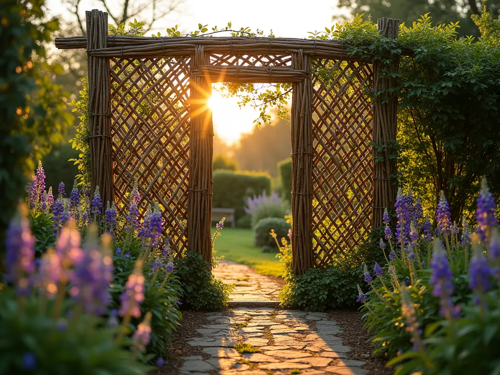 Enchanting Woven Willow Garden Screen - A stunning DSLR wide-angle photograph of an artistically woven willow branch screen in a cottage garden setting, captured during golden hour. The natural 7-foot-tall backdrop features an intricate diamond lattice pattern created by interweaved willow branches, casting delicate shadows on the garden path below. Climbing roses and clematis begin to intertwine with the structure, while cottage garden perennials like lavender, foxgloves, and delphiniums softly frame the base. The warm evening light filters through the organic screen, creating a magical interplay of light and shadow across the rustic garden space. The willow screen provides a beautiful division between garden rooms while maintaining a natural, organic aesthetic. Shot at f/8 for optimal depth of field, capturing both the detailed texture of the woven willow and the soft garden elements in the background.