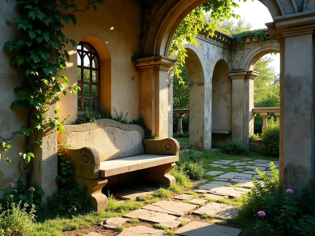 Ancient Stone Garden Bench with Climbing Vines - A wide-angle DSLR photo of a weathered stone bench nestled within crumbling ancient-style ruins in a lush garden setting, captured during golden hour. The bench appears to be carved from aged limestone, with deliberate imperfections and moss patches. Delicate tendrils of ivy and climbing roses gracefully wind around weathered stone columns that frame the bench. Dappled sunlight filters through overhead pergola fragments, creating romantic shadows across the scene. The surrounding garden features a carpet of creeping thyme and scattered weathered stone fragments. Shot at f/8 with natural lighting highlighting the textural details of the stone and the vibrant green vegetation, creating an enchanting and timeless atmosphere.