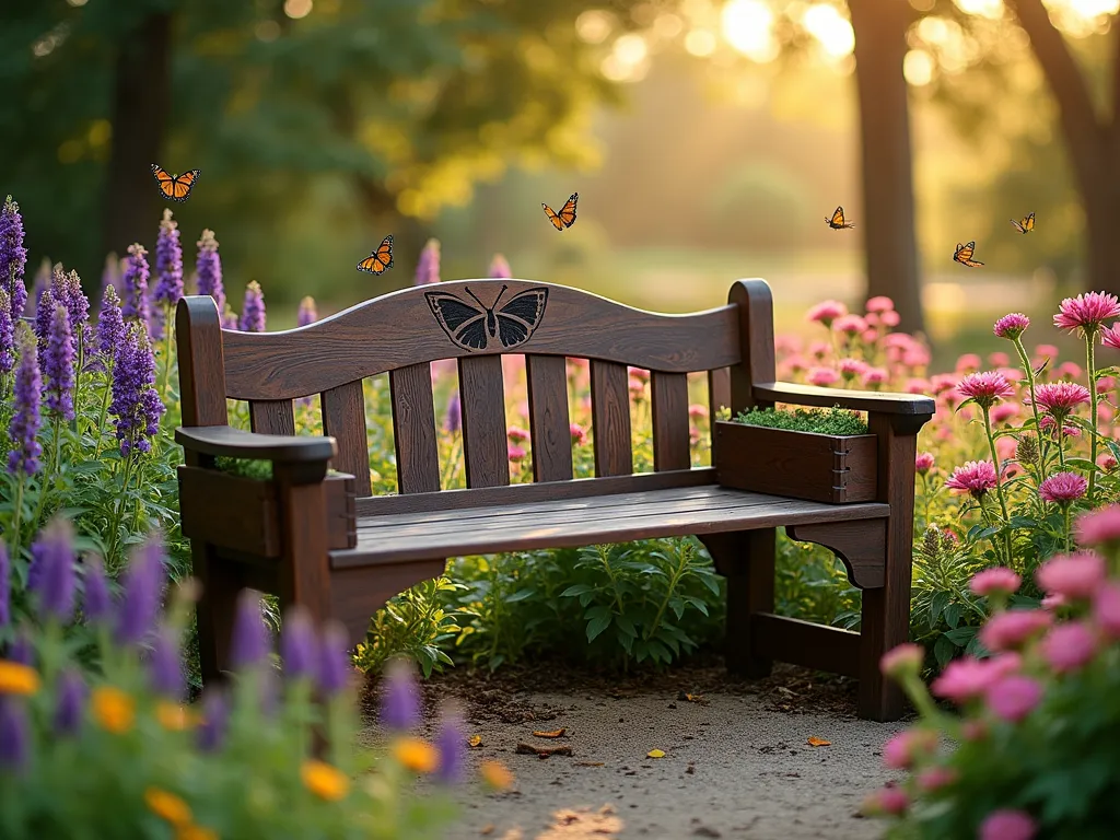 Butterfly Haven Garden Bench - A rustic wooden garden bench with built-in planters at both ends, photographed during golden hour. The bench sits in a lush butterfly garden, surrounded by blooming butterfly bush, purple coneflowers, and lantana in vibrant purples, pinks, and yellows. Several monarch and swallowtail butterflies hover around the flowers. The bench features a graceful curved back with butterfly motifs carved into the wood. Soft evening light filters through nearby trees, creating a magical atmosphere. Shot with a wide-angle lens to capture the entire garden setting, with the bench as the focal point. High-quality DSLR photo with perfect depth of field showing rich details of both the bench and surrounding plantings.