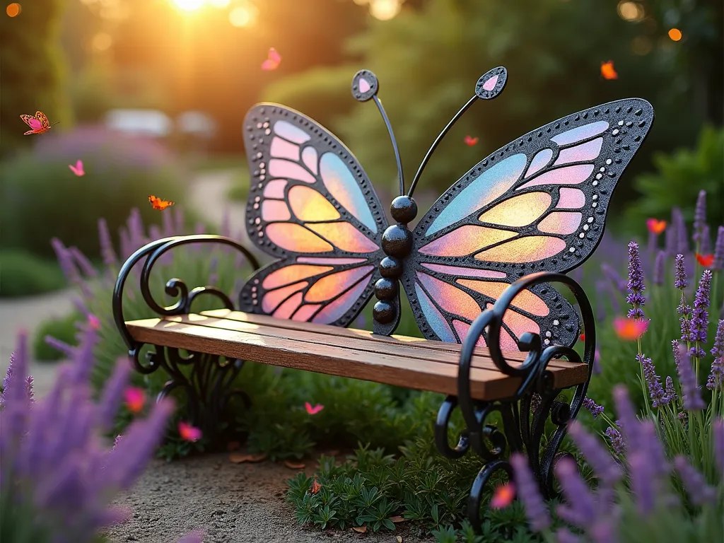 Whimsical Butterfly Garden Bench at Sunset - A magical garden scene featuring a large, artistic butterfly-shaped bench crafted from iridescent metal and reclaimed wood, its wings forming elegant seating areas. The bench sits in a dreamy cottage garden setting with lavender and butterfly bushes swaying in the evening breeze. Soft golden sunset light filters through the scene, casting enchanting shadows across the whimsical bench. Purple and pink flowering perennials surround the base, while actual butterflies dance around the structure. Shot from a three-quarter angle to showcase both the artistic design and functionality, with subtle garden path lighting beginning to twinkle in the background. The bench's metalwork features delicate filigree patterns that mirror real butterfly wing designs, with comfortable wooden slats forming the seating area. Ethereal and romantic atmosphere, perfect for a children's garden wonderland or artistic landscape feature.