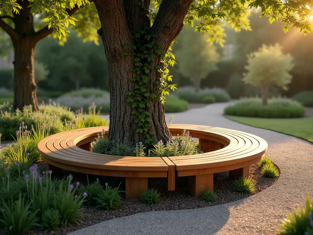 Tree Trunk Circle Bench in Garden Paradise - A stunning wooden circular bench crafted from rich teak wood elegantly wraps around a majestic mature maple tree in a tranquil garden setting, shot during golden hour. The bench features ergonomic curved seating with a rustic yet refined design, complemented by weathered gray tones. Dappled sunlight filters through the tree's canopy, creating enchanting light patterns on the bench and surrounding ornamental grasses. Small purple and white wildflowers dot the mulched area beneath, while climbing jasmine delicately winds up the tree trunk. The scene is captured from a three-quarter aerial perspective, showing both the complete circular design and the intimate seating arrangement, with soft bokeh effects in the background featuring blurred garden foliage. Photorealistic, architectural detail, 4K quality.